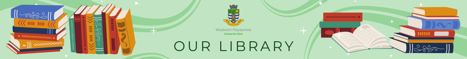 Our library banner with vector illustrations of stacks of books