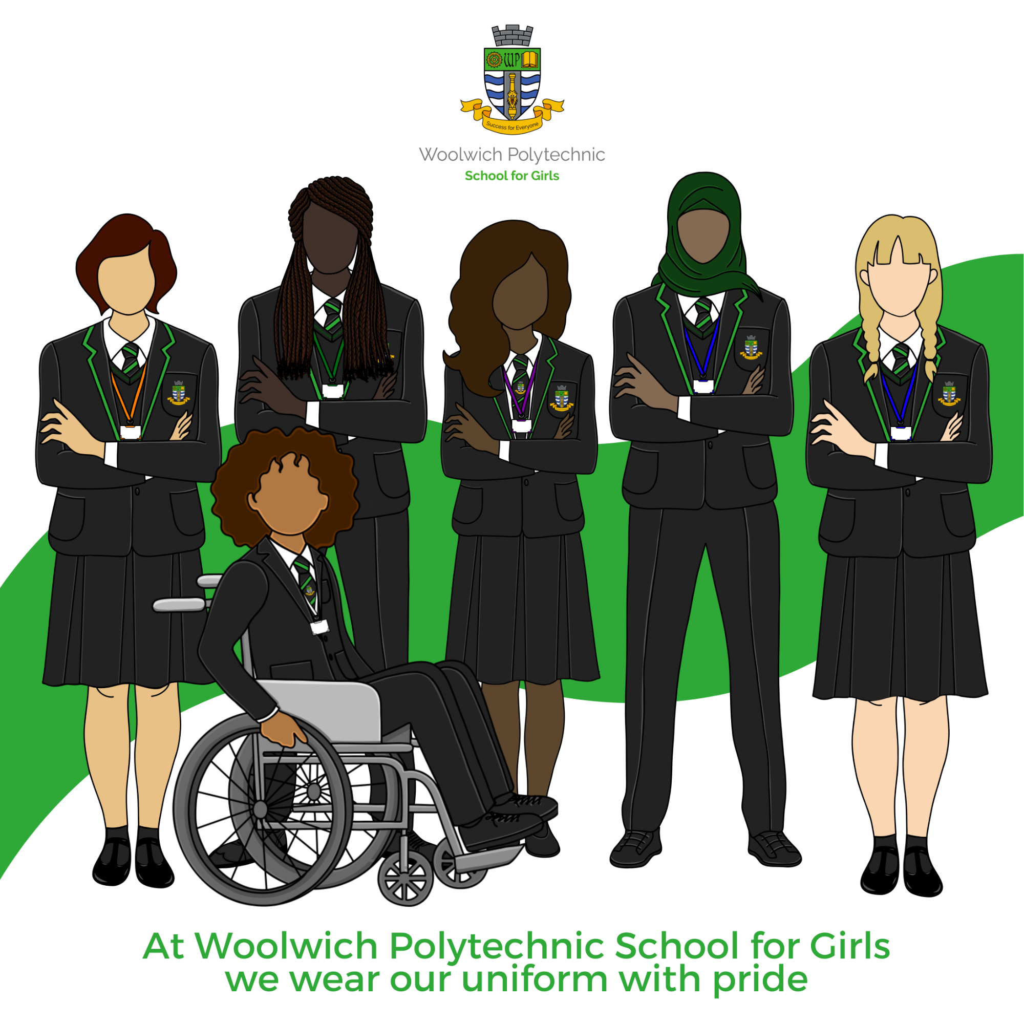 illustration of six woolwich polytechnic school for girls students in uniform