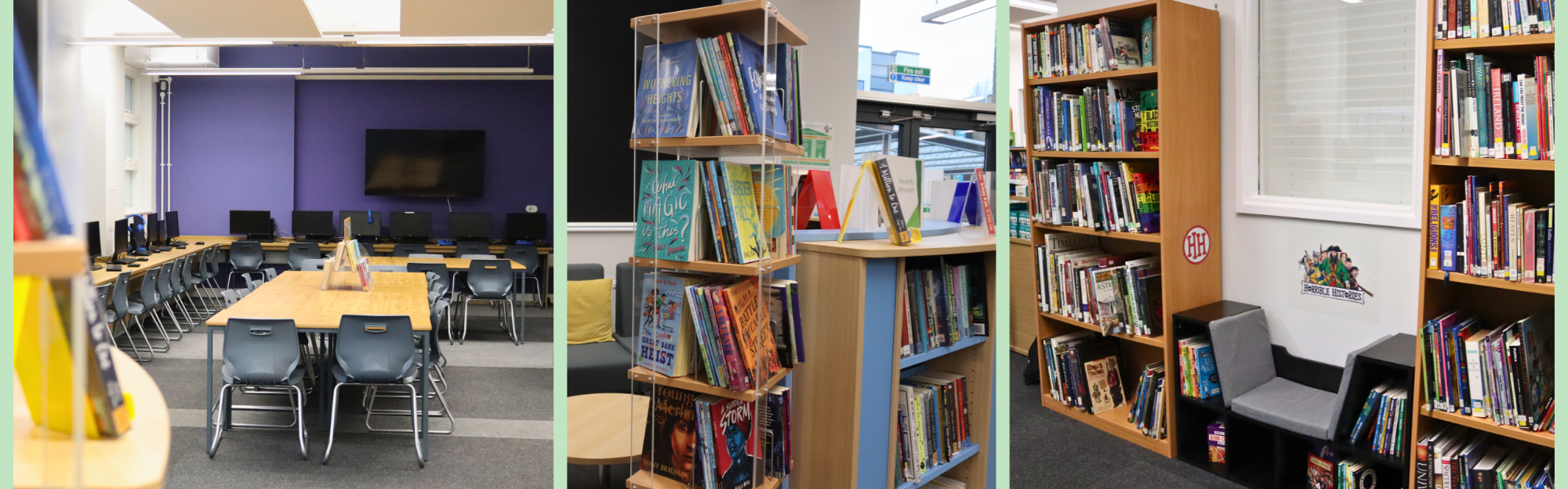 three photographs of the library. pictured the computer area, the soft seating area and book shelves
