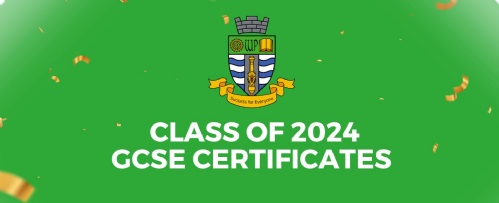 Our school logo on a green background with the text Class of 2024 GCSE Certificates Collection