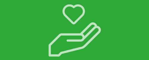 White vector illustration of a hand with a heart above it on a green background
