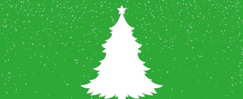 Green background with white snow and a vector illustration of a christmas tree