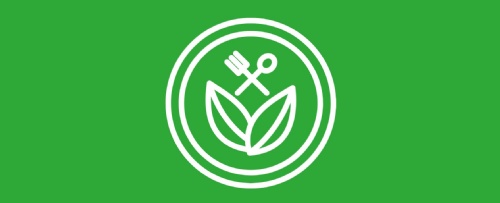 Green background with white icon of veganuary logo of leaves and cutlery