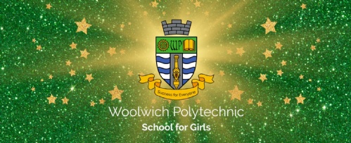 Woolwich Polytechnic School for Girls Logo on a green glitter background with gold stars