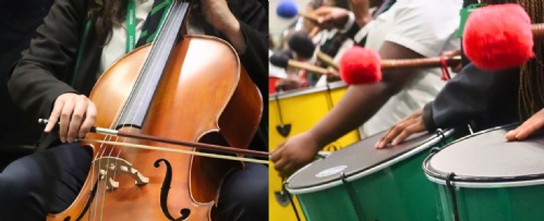 music at WPSFG  students playing the cello, drums and keyboard